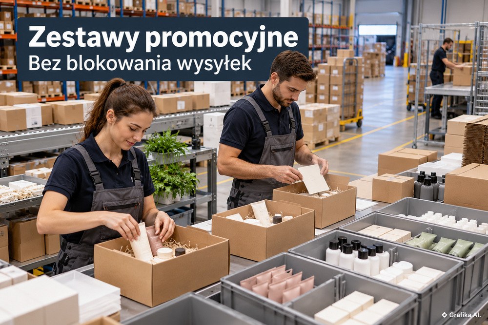 Kompletowanie zestawów promocyjnych przy wydzielonym stanowisku magazynowym – grafika AI