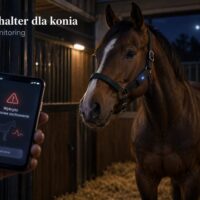 Koń w inteligentnym kantarze w nocnym boksie i telefon z powiadomieniem