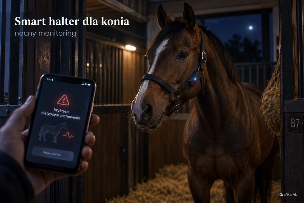 Koń w inteligentnym kantarze w nocnym boksie i telefon z powiadomieniem