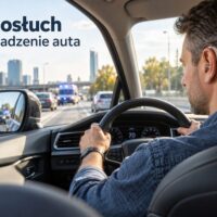 Kierowca z aparatem słuchowym obserwujący ruch drogowy