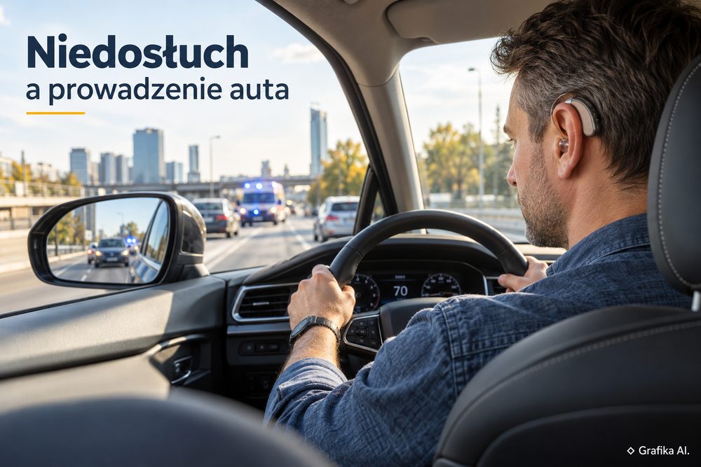 Kierowca z aparatem słuchowym obserwujący ruch drogowy